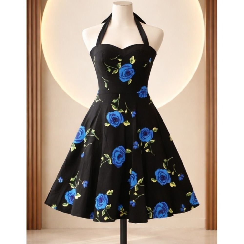 Dress Tells Halter Dress Women's XL Floral Black Blue Roses Lace Back Rockabilly